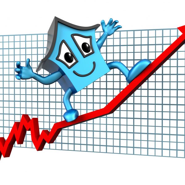 Isolated illustration of a house surfing skywards on a rising graph